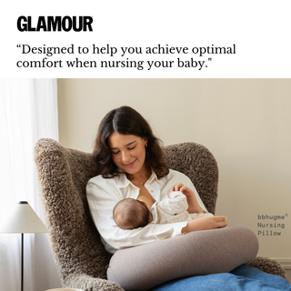 Woman nursing a baby using a bbhugme Nursing Pillow with text about comfort.