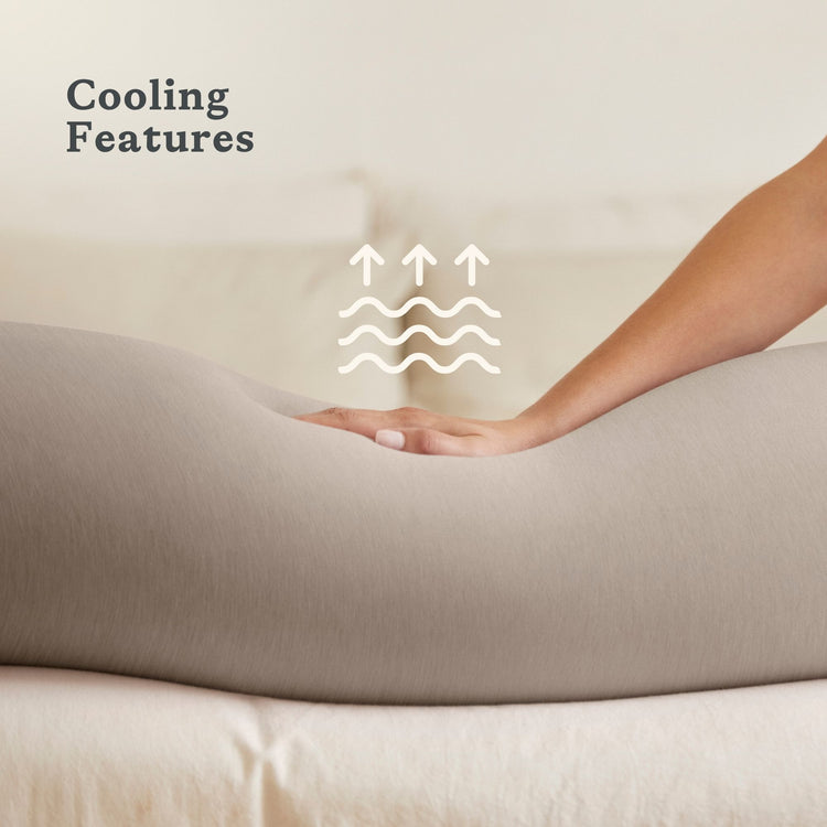 bbhugme pregnancy pillow with hand touching it, labeled 'Cooling Features'.