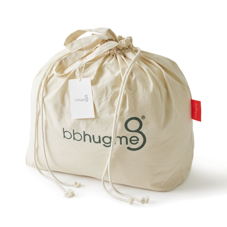 Beige drawstring bag with 'bbhugme' logo on a white background