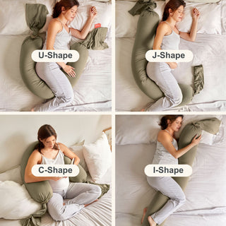 Woman using different shaped bbhugme pregnancy pillow on a bed